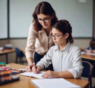 A young child and an adult are sitting at a wooden desk in a classroom, focusing on some written materials. The adult is holding a notebook and appears to be helping the child, who is intently looking at papers on the desk. Nearby are pencils and other school supplies.