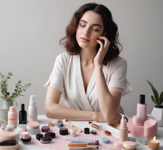 Various beauty and skincare products are neatly arranged on a white dressing table with a round mirror. The assortment includes perfumes, creams, and boxes, some with recognizable labels. Next to the mirror, a book sits with a decorative item resembling cotton branches in the background.