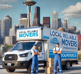 two men standing next to a truck with a box of moving boxes