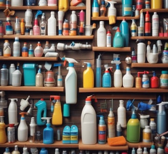 A supermarket aisle filled with various cleaning products, organized neatly on shelves. Promotional sale tags are visible on many items, indicating discounted prices. A promotional stand-up banner on the left features a smiling woman holding clean laundry, with a slogan in Hindi.