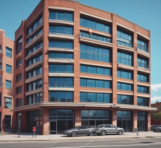 A modern multi-story building with numerous windows, featuring a central entrance labeled 'Leasing Office'. A pathway leads up to the entrance, bordered by manicured plants and palm trees. A zebra crossing stretches across the asphalt road in front of the building.