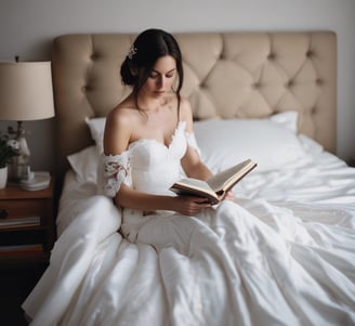 a woman laying in bed reading a book