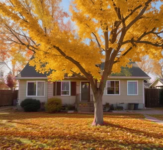 A residential street is covered with branches and leaves, possibly from recent tree maintenance or storm damage. A worker, standing on a service vehicle lift, is trimming trees near a two-story house with a brick facade. The street is lined with several trees and parked cars.