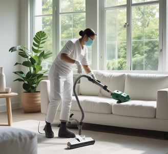 A person wearing protective clothing, a face mask, and gloves is cleaning a white cushioned furniture piece using a vacuum cleaner. The setting appears to be indoors with bright natural light streaming in through large windows. A green potted plant is placed next to a white sofa, adding a touch of nature to the clean and tidy environment.
