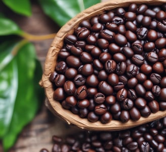 A collection of various coffee bean samples displayed in small trays, labeled with signs indicating different types such as Robusta and Arabica. The setup is accentuated with decorative green foliage and illuminated lighting against a mesh background.