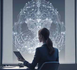 A conference room with a table surrounded by chairs. The walls are lined with  paneling, and a sign indicating a center for artificial intelligence is displayed at the front. There are decorative flower arrangements on the table, and the overall setup suggests a professional environment.