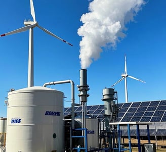 Solar and wind energy are harnessed for molten salt thermal storage systems, which generate steam