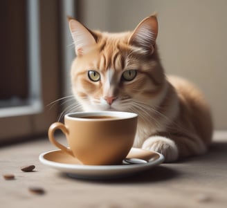 A cup of coffee with latte art depicting a cat's face on the frothy surface. Several coffee beans are scattered around a glass jar containing more beans in the background, adding a warm, cozy atmosphere.