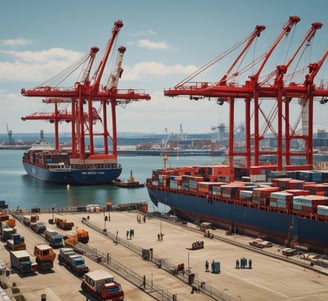 A large industrial storage yard filled with colorful shipping containers and trailers. The containers are stacked and aligned in rows, displaying various brand logos and colors. There are few vehicles parked nearby, and the area seems to be used for logistics or transportation purposes.