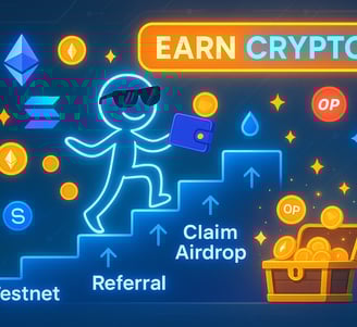 A glowing stick figure wearing sunglasses walks up a futuristic staircase labeled "Testnet," "Referr