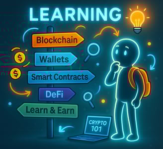 A curious stick figure with a backpack stands next to a glowing signpost pointing to key crypto topi