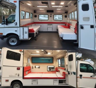 A miniature model of an ambulance is positioned on a road made from craft materials, featuring a black and yellow curb. In the background, there are stylized trees with green paper leaves and a yellow building with blue windows and door, all resembling a handcrafted diorama.