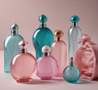 Several elegant perfume bottles with textured surfaces and circular caps are displayed on a soft fabric background. The bottles vary in color, including pink and teal, with prominent branding on the cap's band.