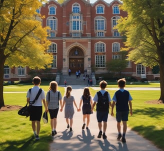 A blue sign with gold letters in both a local language and English, advertising a foreign language specialized school. The sign is situated outside a building surrounded by trees and lit by natural sunlight.