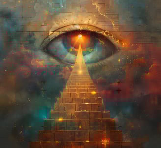 a person's eye looking at a pyramid shaped pyramid