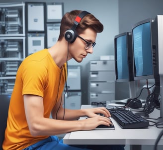 A car service or repair garage is depicted, with a vehicle hoisted on a lift. A laptop is placed on a nearby workstation with an open drawer filled with tools. The environment features tiled walls and floor, and equipment such as a tire changer and a balancing machine. Fluorescent lighting provides illumination.