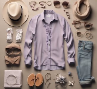 A close-up of fashion accessories including a black belt with a silver Medusa logo buckle, a rose gold analog watch with a black strap, and a folded red tie on top of blue and white clothing material.