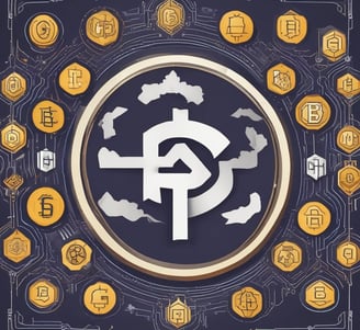 A digital artwork featuring multiple white cubic blocks aligned in a grid pattern, each displaying symbols of various cryptocurrencies like Bitcoin and Ethereum. The blocks are interconnected by glowing lines, set against a background of binary code in green and black.