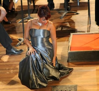 a woman in a silver dress with a dress on