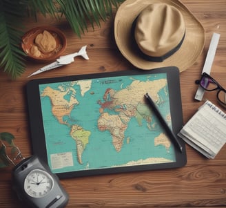 A collection of travel-related items arranged on a white surface, including an open journal with travel notes and a black-and-white photo of a woman with Tower Bridge in the background. There is a vintage-style camera on the left and a tin pencil case labeled 'London' with British-themed images. Several washi tapes in a variety of colors and patterns are scattered, some inside a jar and others outside.
