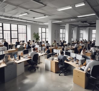 Several people are working in an industrial setting, stacking and organizing white plastic crates. They are wearing work uniforms, and the environment appears to be a storage or processing facility with overhead lighting and large doors in the background.