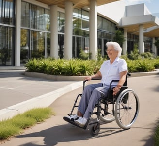 A reflection scene outside a healthcare facility with a red sign reading 'Ramsay health plus'. An elderly person is walking with crutches, wearing a pink jacket. Multiple parked cars are visible along with some trees in the background. The sky is partially cloudy.