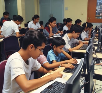 A group of people seated in a computer lab, each facing a desktop computer. The monitors display a website with text and colorful graphics. The room is dimly lit, with a presentation projected on a screen in the background. One person is holding a phone, and there are books or notebooks on the desk.