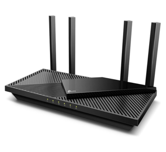 TP-Link Archer AX55 WiFi 6 router in matte black with two antennas, positioned on a clean background
