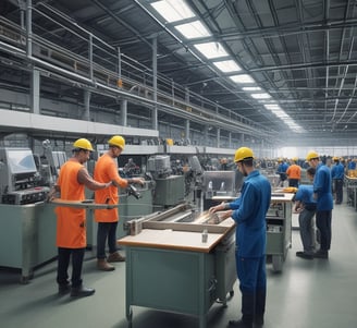 A large industrial factory setting with heavy machinery and equipment. Several workers are engaged with the machines, appearing to be operating or maintaining them. The scene is dimly lit, with numerous overhead lights leading into the distance. The machinery is robust and complex, indicating a heavy manufacturing process.