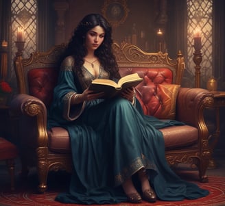 A person with long hair is sitting on a sofa, absorbed in reading a book titled 'Dune'. The room features a floral-patterned wallpaper, and a soft light from a nearby lamp creates a cozy atmosphere.