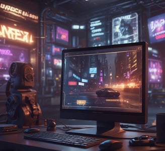 A computer with Unreal Engine turned on, with a cyberpunk scene on the screen