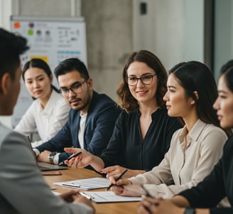 working professionals in meeting at large table