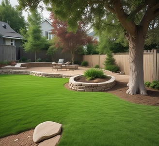 A modern landscape design featuring tiered grassy slopes outlined by sleek metal railings, with a backdrop of lush green trees and a clear blue sky above.