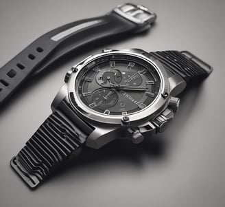 A black smartwatch with a perforated strap is placed on a textured surface alongside wireless earbuds and their charging case. The watch displays an analog clock face, and the earbuds are positioned with one lying horizontally and the other propped against the case.