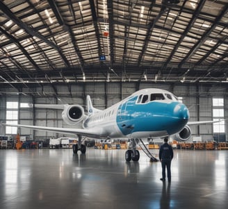 Inside a spacious aircraft hangar, a white jet is being serviced. A person in blue is standing on a ladder near the aircraft, engaged in maintenance work. The hangar is well-lit with several other aircraft visible in the background.