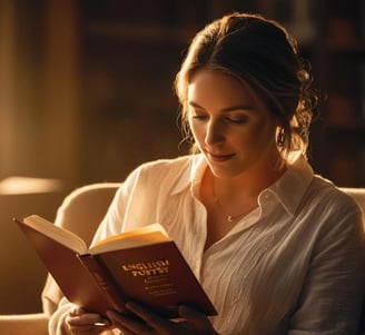 a woman sitting in a chair reading a book