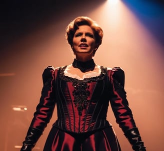 a woman in a red dress and gloves on stage