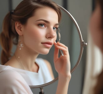 A close-up of a person applying a skincare serum or oil to their cheek using a dropper. The person has neutral expression with a focus on skincare and wellness.