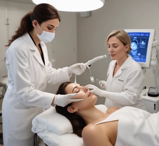 A beauty technician carefully performs a skincare procedure on a woman, who is lying down with her hair pulled back and face covered in a transparent mask. The technician is wearing gloves and holding a precision tool, working under a bright ring light.
