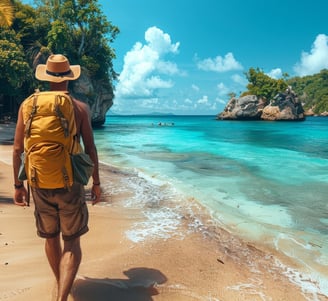 un touriste marche sur la plage