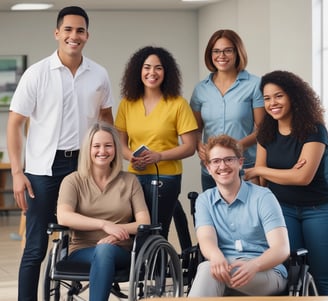 a group of people standing around a woman in a wheelchair
