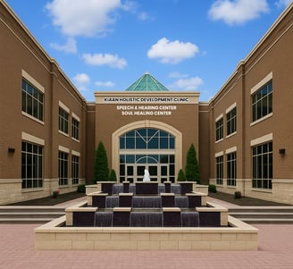 a building with a fountain in front of a building