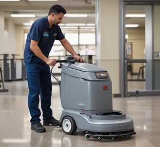 A tiled floor with visible dirt and cleaning solution being cleaned by a circular floor cleaning machine. The tiles are light brown with noticeable dirt in the grout lines. The cleaning machine has a blue and black circular head connected to a metal handle and hose.