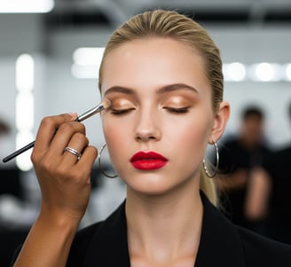 a woman with red lipstick and golden eyeshadow.