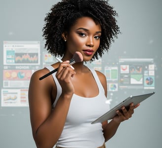 a woman with a tablet computer and a makeup brush in the other hand
