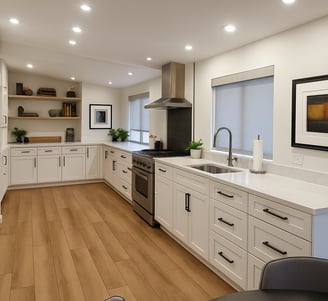 Modern kitchen featuring white shaker cabinets with matte black handles, quartz countertops, and nat