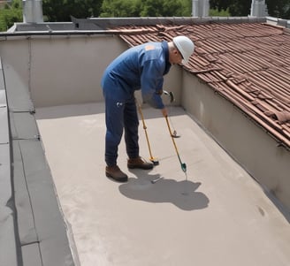 A person wearing a wide-brimmed straw hat is working on repairing or inspecting a roof made up of traditional grey tiles. The roof tiles are arranged in an overlapping pattern and show various shades of grey, with patches of moss or discoloration.
