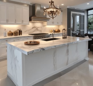 A modern kitchen countertop made of dark marble is adorned with a black vase holding green pine branches and small yellow flowers. A wooden pendant lamp hangs above, casting a warm glow. The countertop also features kitchen items like a white carafe, glass jars, and a striped ceramic cup.