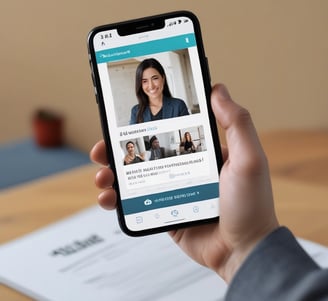A hand holding a smartphone displaying a webpage titled 'Creating a Brand' with navigation options like Home, Discovery, Members, and Topics. The background is out of focus, providing a neutral setting.