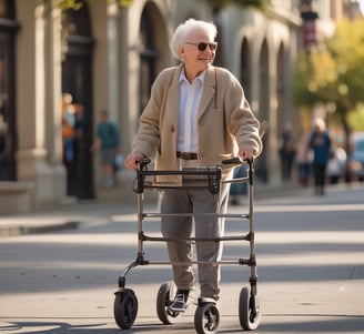 A person with mobility aids is walking along a sidewalk in an urban setting. The individual is using crutches and is dressed in casual summer clothing, including a hat and shorts. The walkway is flanked by railings, and in the background, there are tall buildings and structures. The image is in black and white, contributing to a somber or reflective mood.